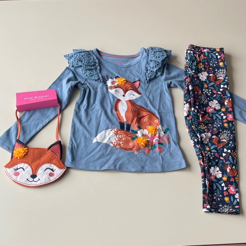 Isaac Mizrahi Kids Blue Fox Top, Floral Leggings & Purse Set